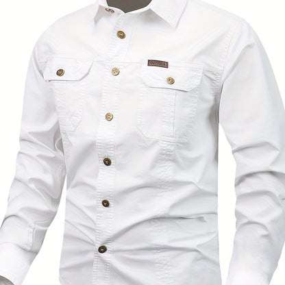 gbolsos   Trendy Men's Casual Long Sleeve Cargo Shirt With Pockets, Men's Shirt For Spring Autumn, Tops For Men