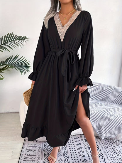 gbolsos  Guipure Lace Ruched Dress, Casual V Neck Long Sleeve Ruffle Hem Dress, Women's Clothing