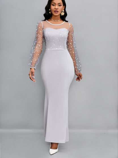 gbolsos  Round Neck Mesh Stitching Dress, Elegant Slim Long Sleeve Waist Long Dresses, Women's Clothing