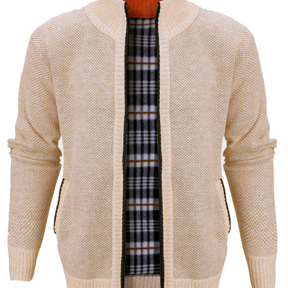 gbolsos  Warm Zip Up Jacket Sweater, Men's Casual Lapel Mid Stretch Slant Pocket Solid Color Cardigan For Fall Winter