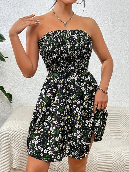 gbolsos  Ditsy Floral Print Tube Dress, Romantic Backless Shirred Ruffle Trim Dress, Women's Clothing