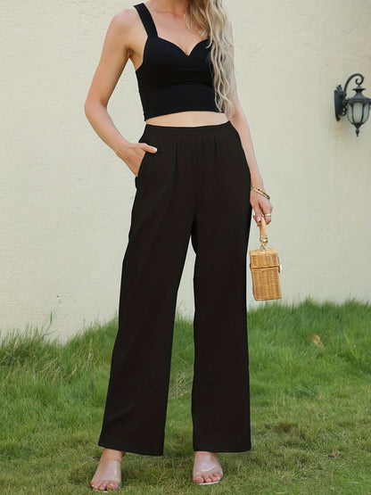 gbolsos  Solid Wide Leg Elastic Waist Pants, Casual Dual Pockets Loose Pants, Women's Clothing