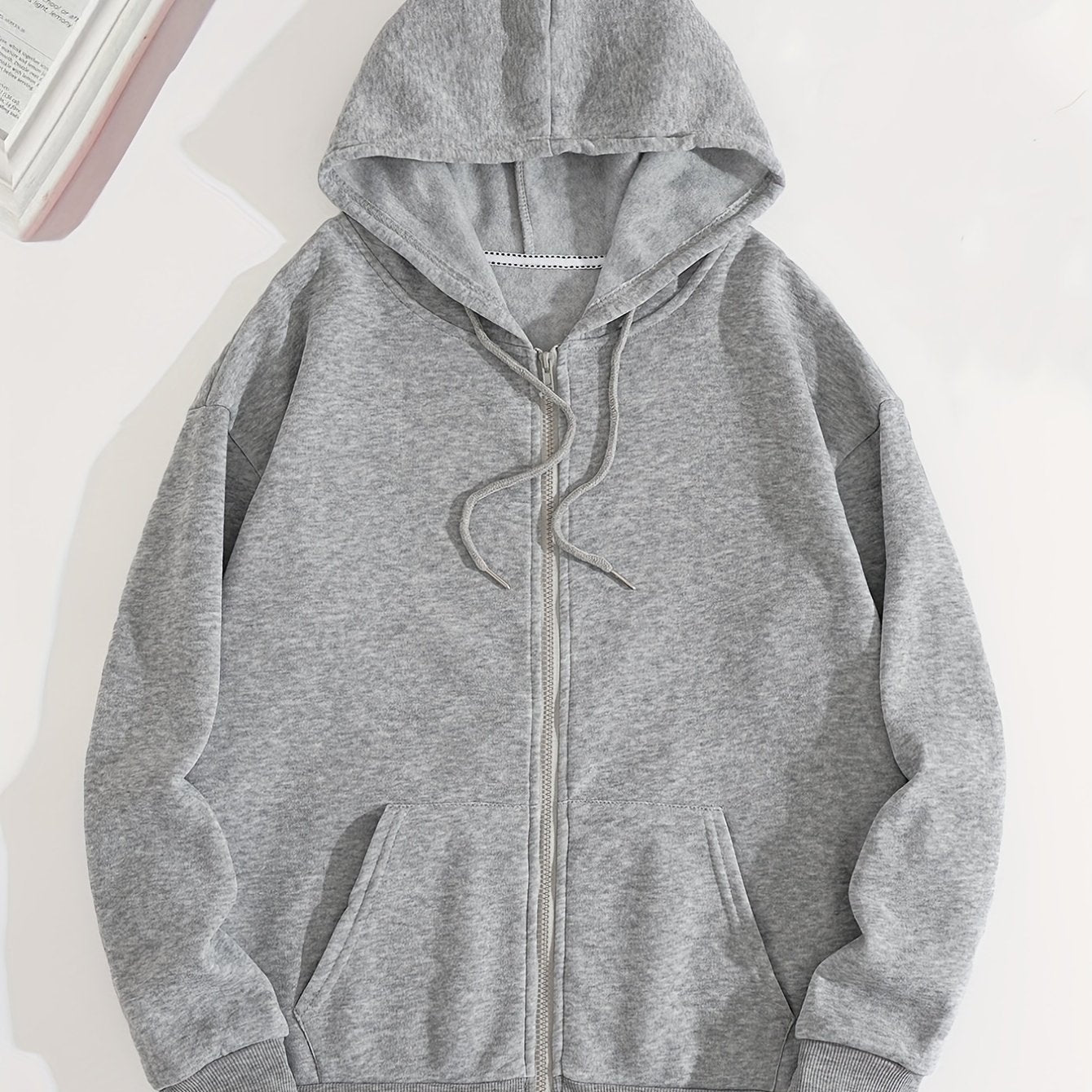 gbolsos  Zip Up Solid Hoodies, Casual Long Sleeve Kangaroo Pocket Drawstring Sweatshirt, Women's Clothing