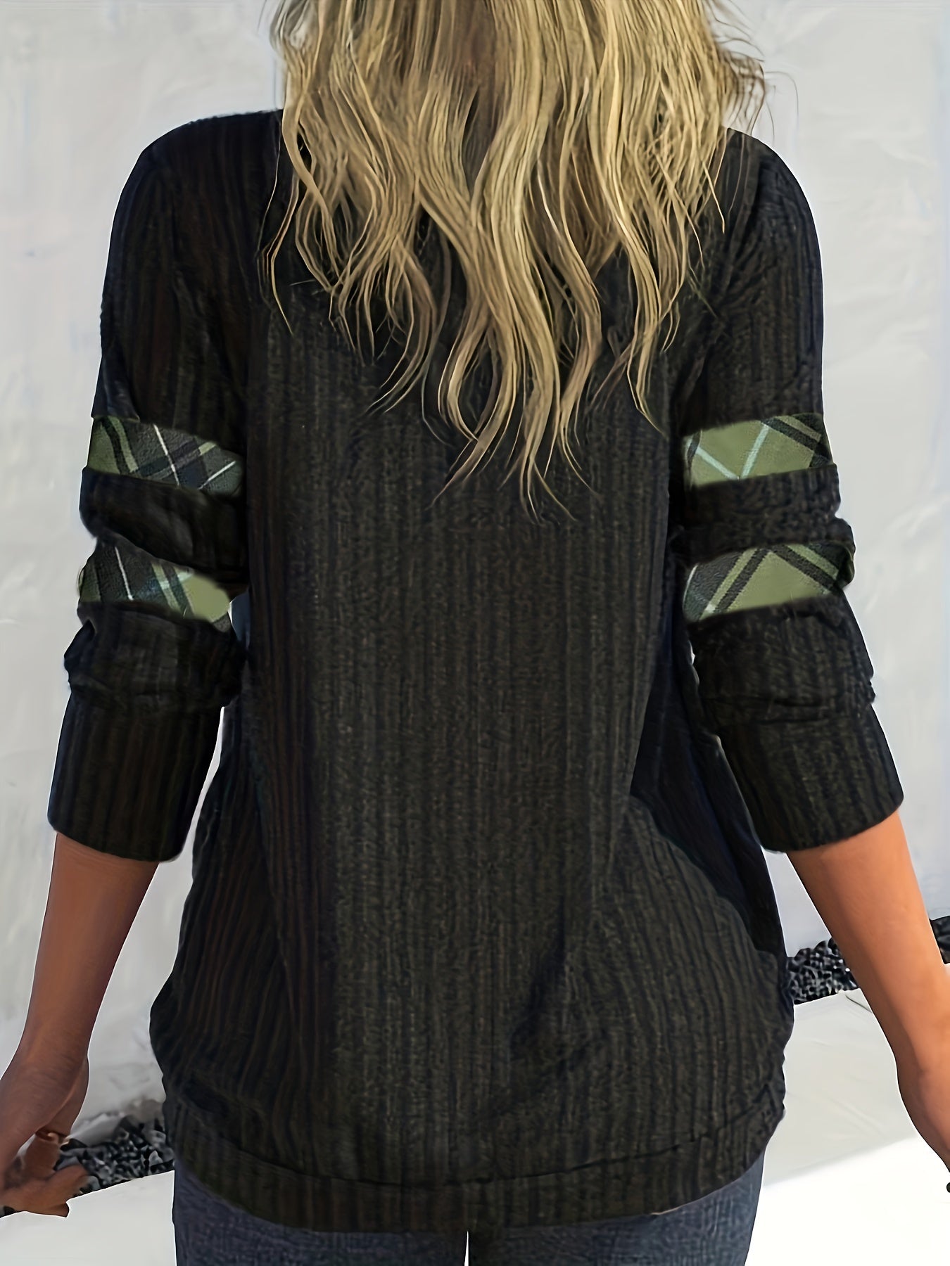 Plus Size Casual Top, Women's Plus Colorblock Plaid Print Ribbed Long Sleeve Cowl Neck Medium Stretch Top
