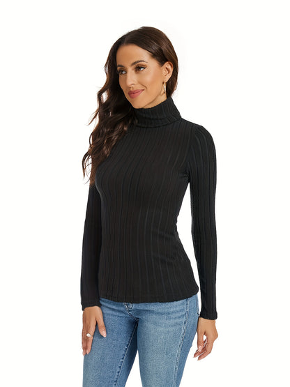 gbolsos  Ribbed Knit Turtleneck Skinny Top, Versatile Long Sleeve T-shirt For Spring & Fall, Women's Clothing