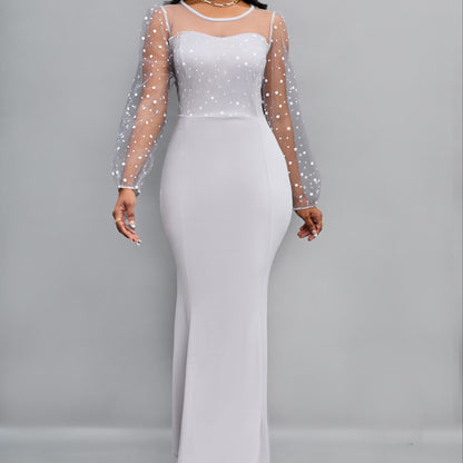 gbolsos  Round Neck Mesh Stitching Dress, Elegant Slim Long Sleeve Waist Long Dresses, Women's Clothing