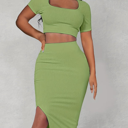 gbolsos  Sexy Matching Two-piece Skirt Set, Square Neck Crop Top & Split Bodycon Skirt Outfits, Women's Clothing