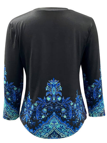 gbolsos  Vintage Floral Long Sleeve T-Shirt, Crew Neck Casual Top For Fall & Spring, Women's Clothing