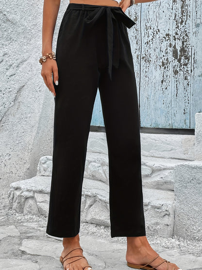 gbolsos  Solid Elastic Waist Belted Pants, Casual Loose Pants For Spring & Summer, Women's Clothing