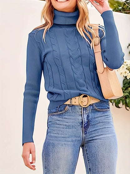 gbolsos  Solid Turtle Neck Chunky Knit Sweater, Casual Long Sleeve Sweater For Fall & Winter, Women's Clothing
