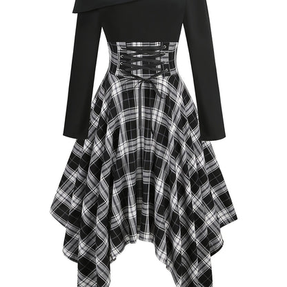 gbolsos  Plaid Asymmetrical Hem Dress, Vintage Cold Shoulder Long Sleeve Dress, Women's Clothing