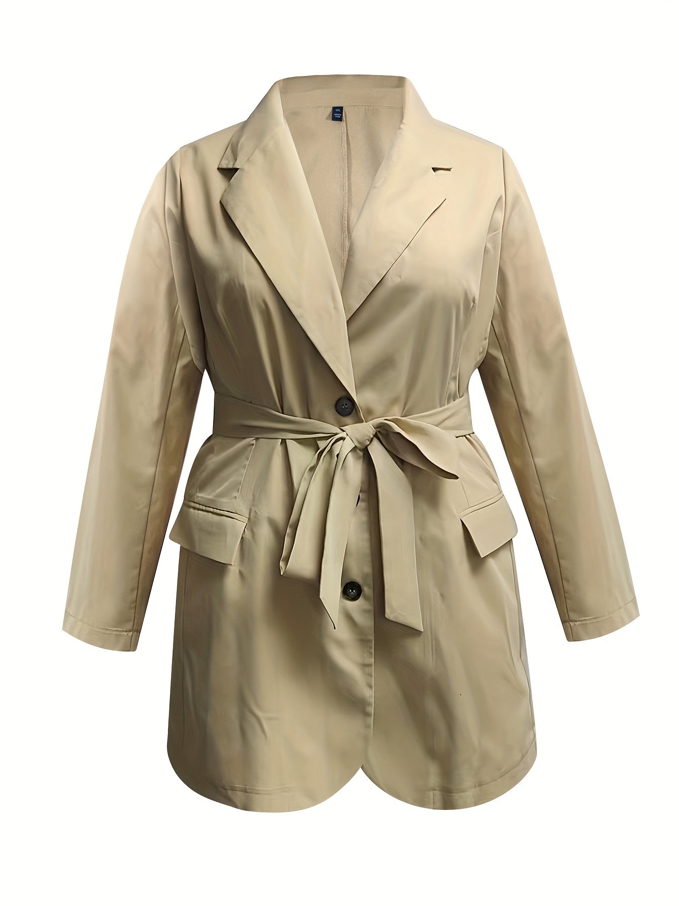 Plus Size Casual Coat, Women's Plus Solid Long Sleeve Lapel Collar Button Up Jacket With Belt