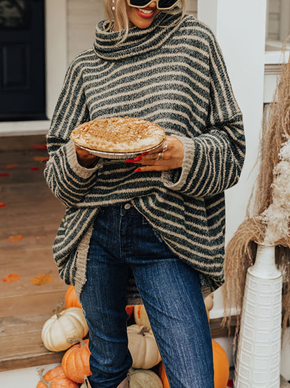 gbolsos   Plus Size Casual Sweater, Women's Plus Stripe Print Chimney Collar Long Sleeve Pullover Sweater