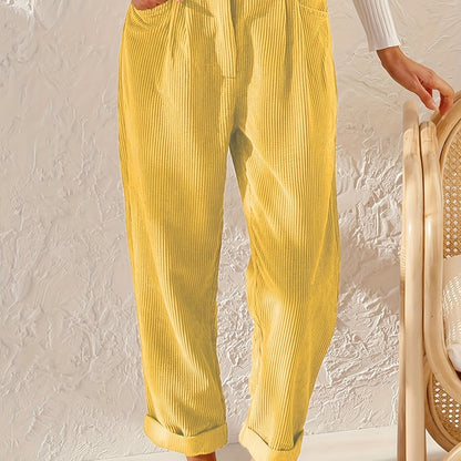 gbolsos Corduroy Straight Leg Pants, Solid High Waist Slant Pocket Pants, Casual Every Day Pants, Women's Clothing