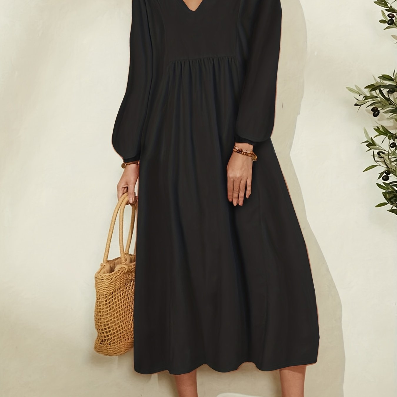 gbolsos  Long Sleeve Loose Dress, V Neck Casual Dress For Spring & Fall, Women's Clothing