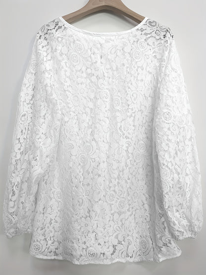 Solid Contrast Lace Blouse, Elegant Tie Front Long Sleeve Blouse, Women's Clothing