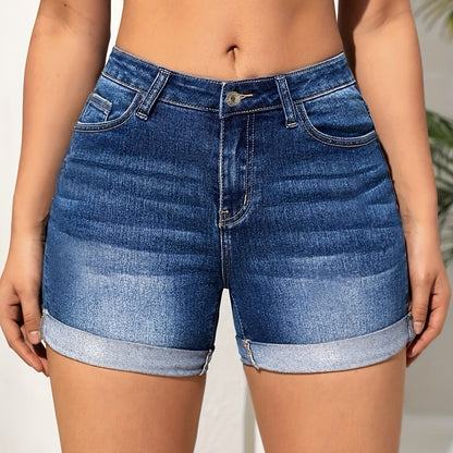gbolsosRoll Up Hem Whiskering Stretchy Denim Shorts, Water Ripple Embossed Crotch Cuffed Denim Pants, Women's Denim Jeans & Clothing