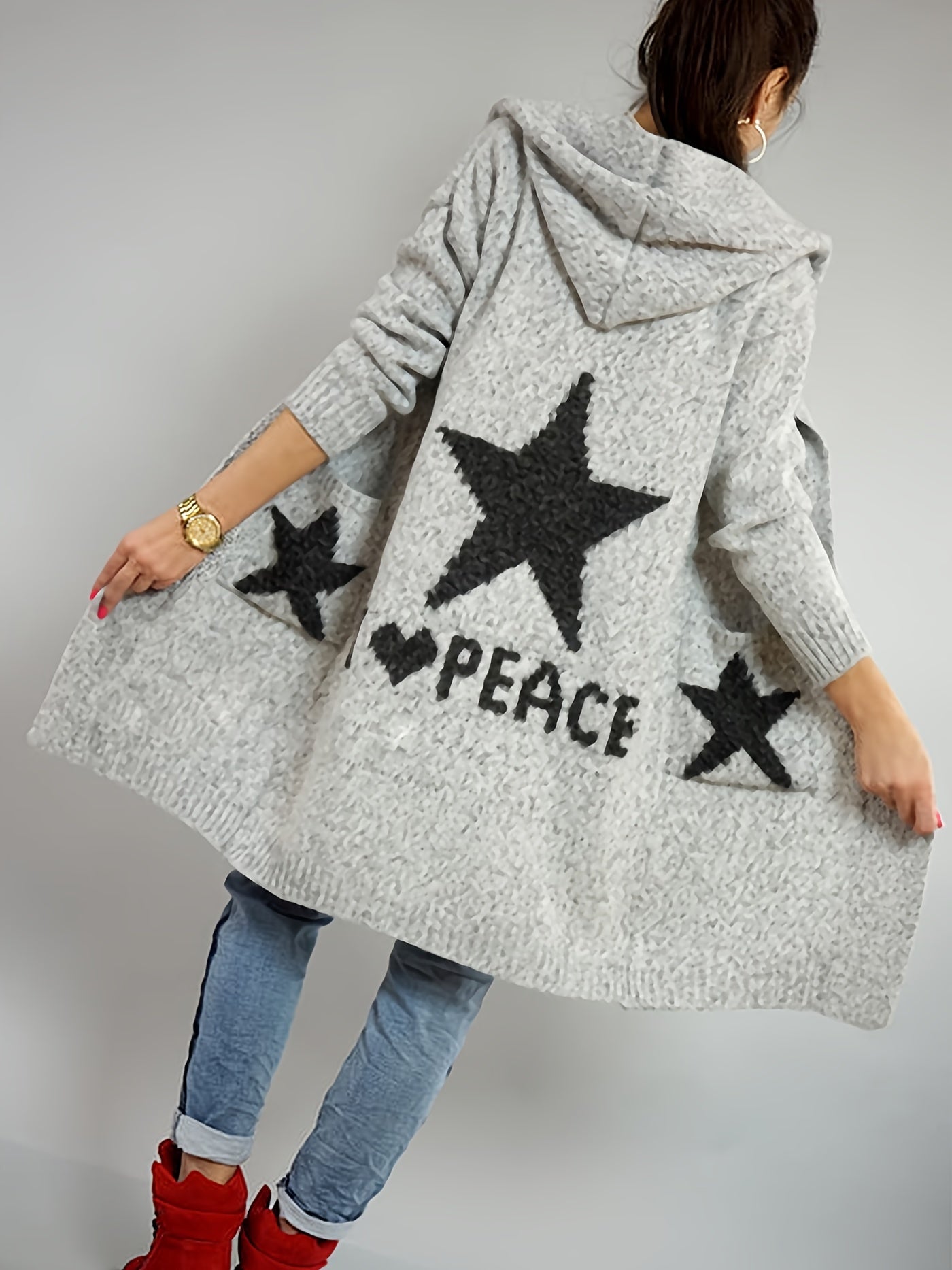 2025 gbolsos  Star & Peace Pattern Open Front Hooded Cardigan, Casual Long Sleeve Pocket Sweater Coat, Women's Clothing