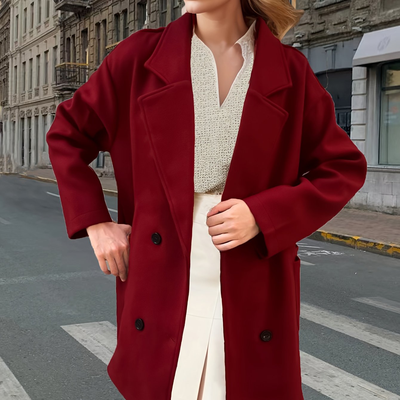 Solid Dual Breasted Notch Collar Overcoat, Casual Long Sleeve Coat For Fall & Winter, Women's Clothing