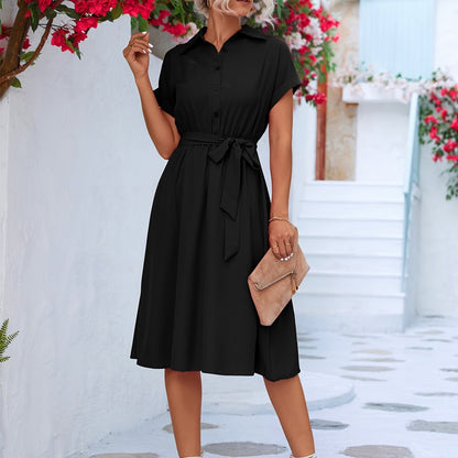 gbolsos  Solid Belted Shirt Dress, Short Sleeve Casual Dress For Summer & Spring, Women's Clothing