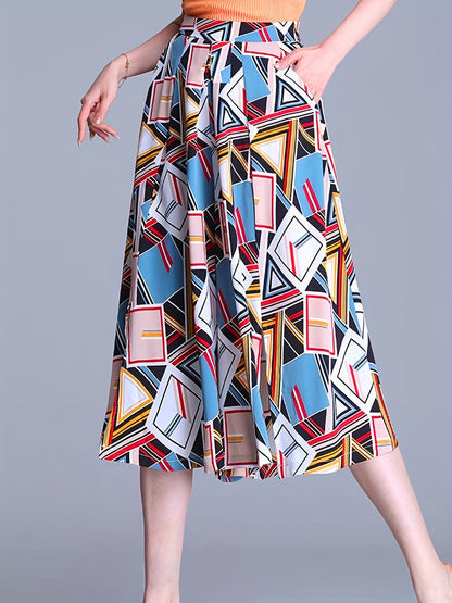 gbolsos  Geometric Print Culottes, Boho High Waist Wide Leg Cropped Pants, Women's Clothing
