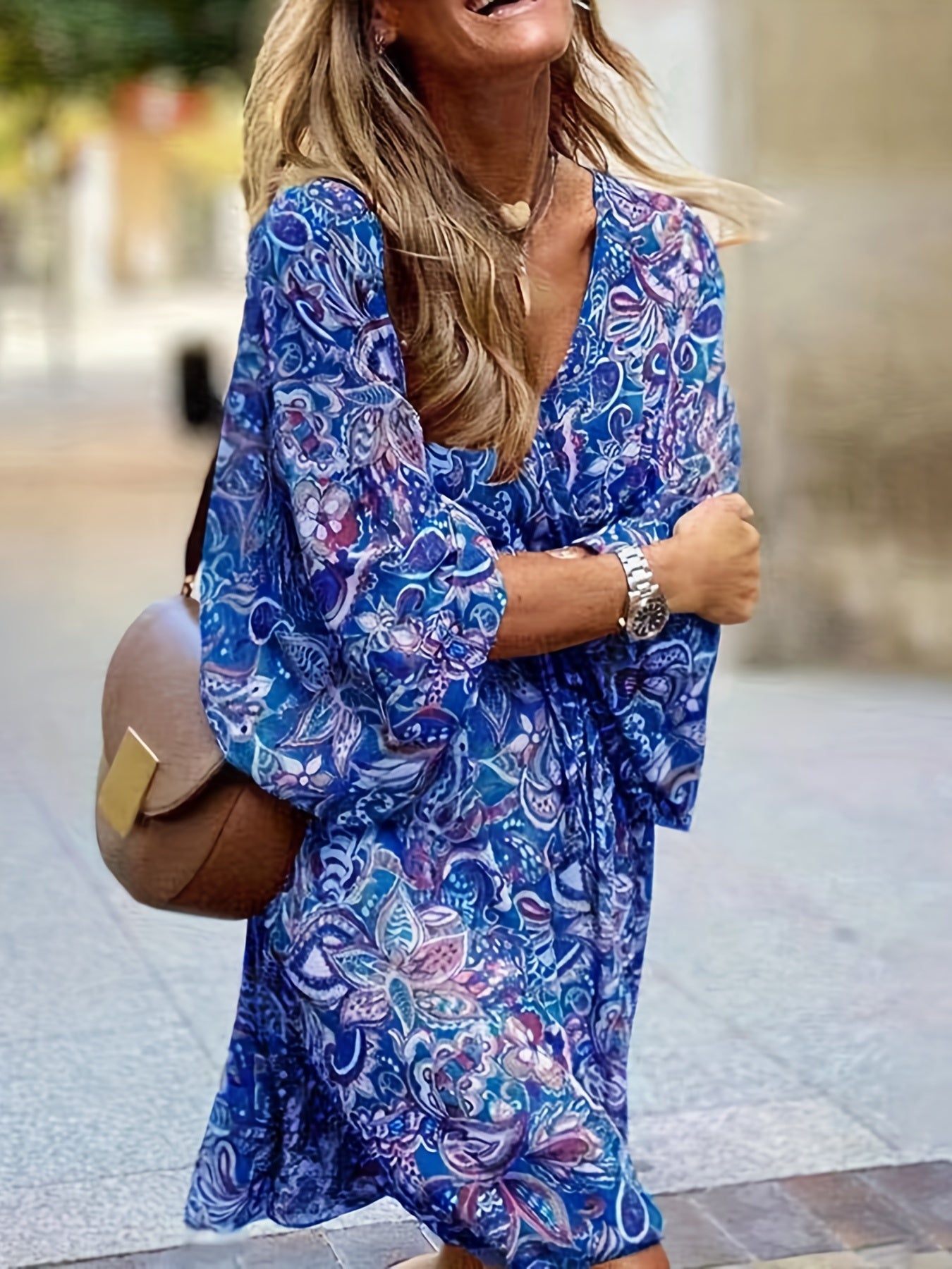 Paisley Print Surplice Neck Dress, Sexy Drawstring Long Sleeve Dress, Women's Clothing