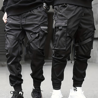 gbolsos  Classic Design Multi Flap Pockets Cargo Pants,Men's Loose Fit Drawstring Kpop Cargo Pants, For Skateboarding, Street, Outdoor Camping