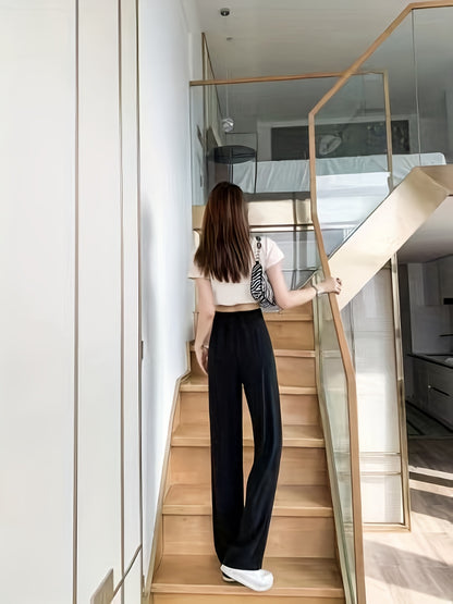 gbolsos Tucked Solid Pants, Elegant High Waist Straight Leg Long Length Pants, Women's Clothing