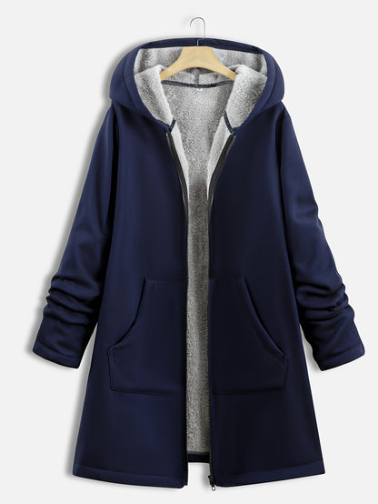 Plus Size Hoodie Fleece Liner Zip Up Coat, Women's Plus Warm Winter Casual Faux Fur Coat