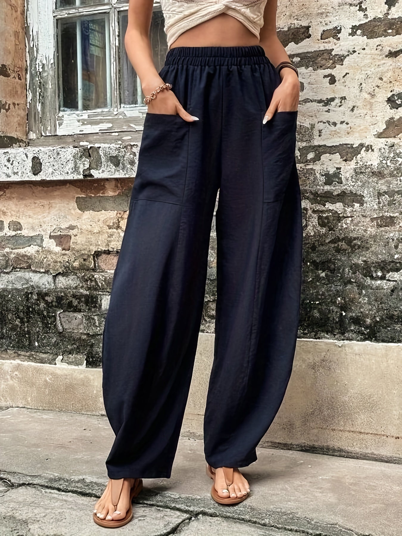 gbolsos  Boho Solid Elastic Waist Harem Pants, Casual Long Length Baggy Pants With Pockets For Spring & Summer, Women's Clothing
