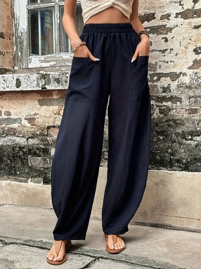 gbolsos  Boho Solid Elastic Waist Harem Pants, Casual Long Length Baggy Pants With Pockets For Spring & Summer, Women's Clothing