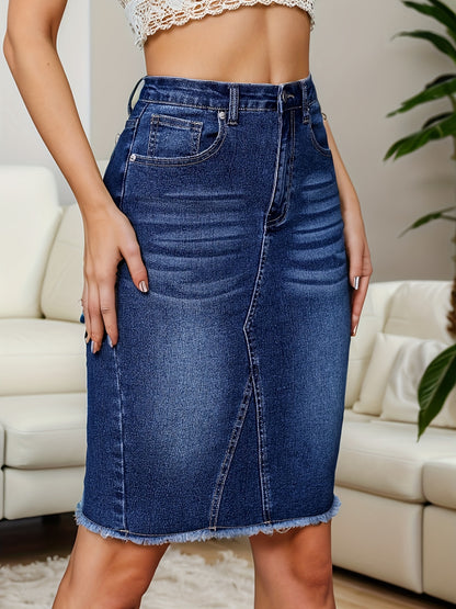 gbolsos  Frayed Hem Washed Denim Skirt, Slant Pockets Whiskering Split Denim Skirt, Women's Denim Clothing