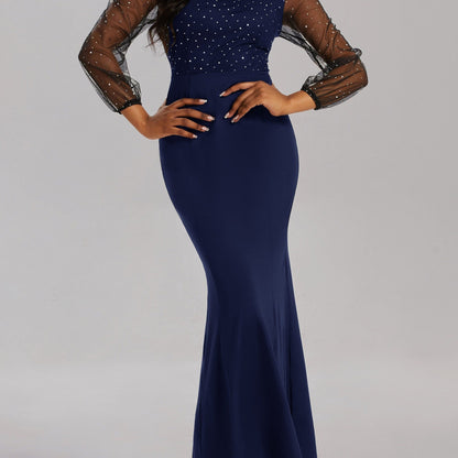 gbolsos  Solid Sheer Sleeve Dress, Elegant Crew Neck Mermaid Bodycon Maxi Party Dress, Women's Clothing