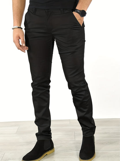 gbolsos Slim Fit Tapered Slacks, Men's Casual Slightly Stretch Solid Color All Match Pants For All Seasons Business