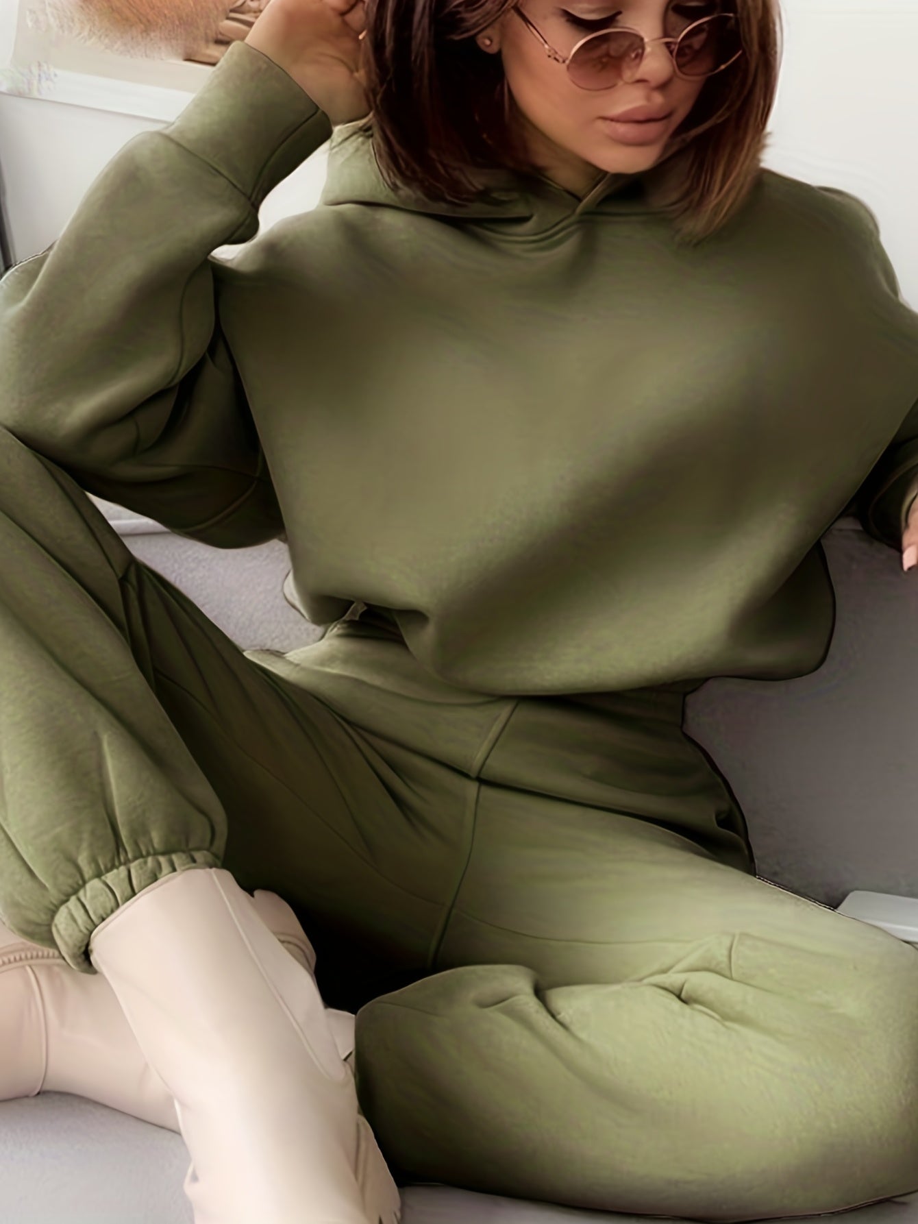 gbolsos  Casual Two-piece Set, Solid Hoodie & Elastic Waist Jogger Pants Outfits, Women's Clothing