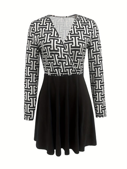 gbolsos  Abstract Print Splicing Dress, Elegant Surplice Neck Long Sleeve Dress, Women's Clothing