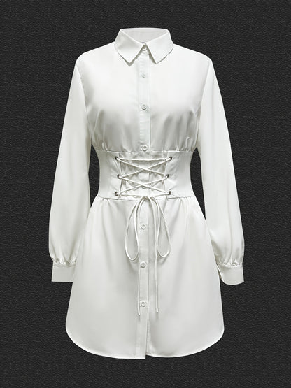 gbolsos  Solid Button Front Shirt Dress, Casual Long Sleeve Belted Dress, Women's Clothing