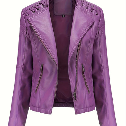 gbolsos  Zipper Faux Leather Jacket, Casual Solid Long Sleeve Outerwear, Women's Clothing