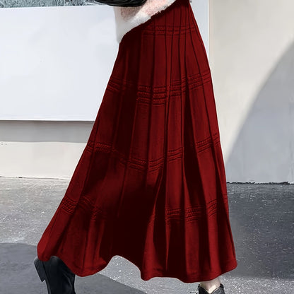 gbolsos  Solid Color Knit Tucked Skirt, Casual Ankle Length Skirt For Fall & Winter, Women's Clothing