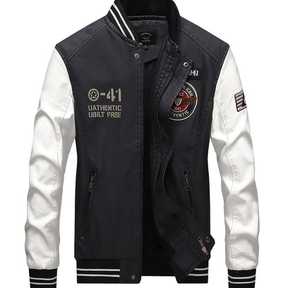 gbolsos  Men's Casual Pockets "R" Print Zipper Long Sleeves Baseball Collar PULeather Jacket
