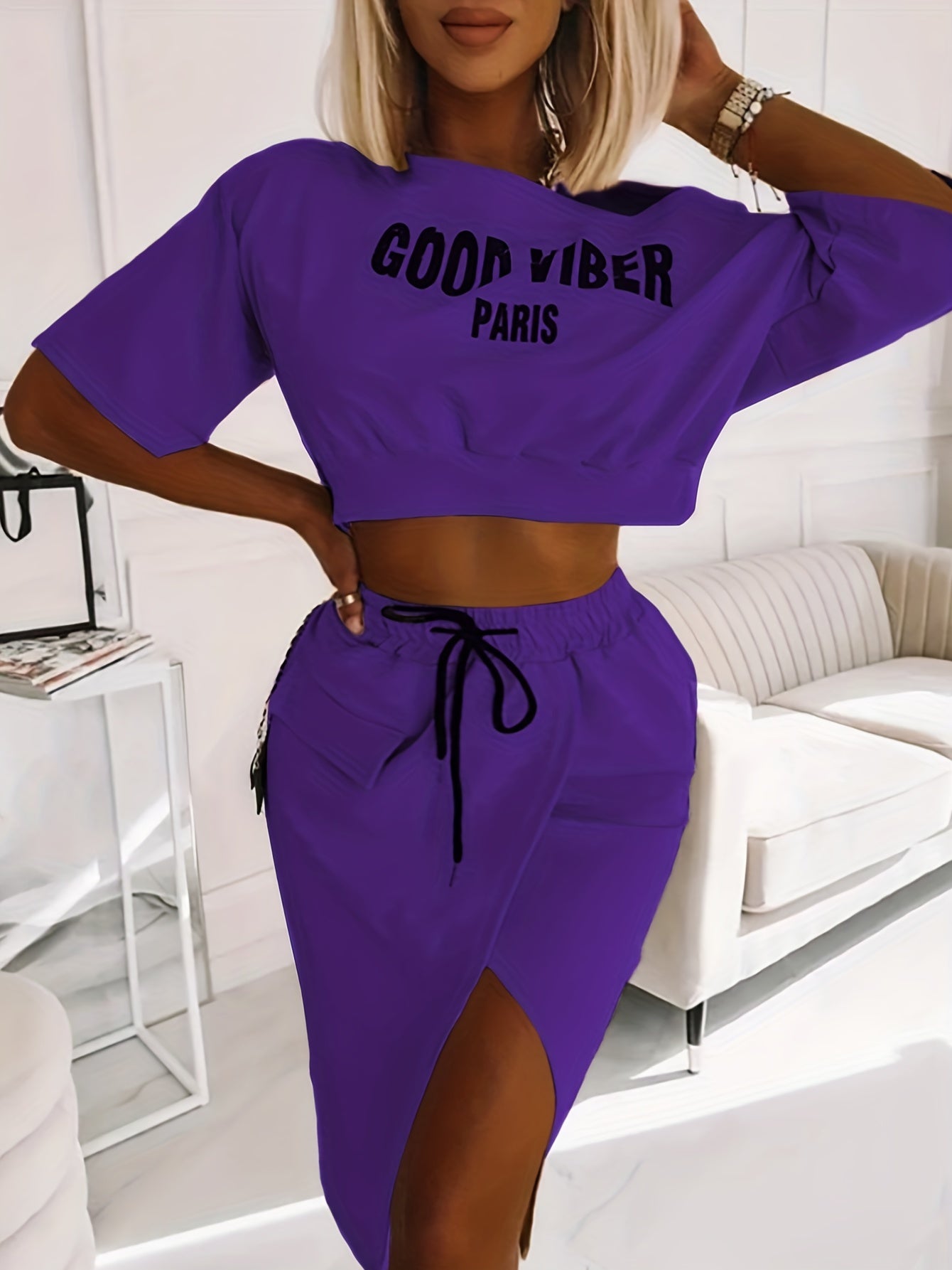 2025 elveswallet  Plus Size Casual Outfits Two Piece Set, Women's Plus Letter Print One Shoulder Short Sleeve Top & Drawstring Split Hem Knee Length Skirt Outfits 2 Piece Set