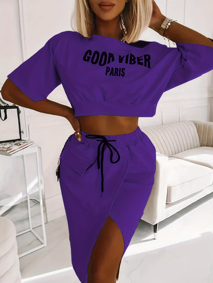 2025 elveswallet  Plus Size Casual Outfits Two Piece Set, Women's Plus Letter Print One Shoulder Short Sleeve Top & Drawstring Split Hem Knee Length Skirt Outfits 2 Piece Set