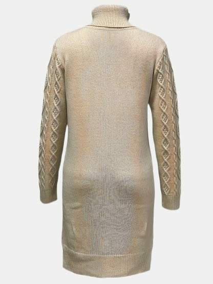 Solid Turtleneck Split Knitted Dress, Elegant Long Sleeve Dress For Fall & Winter, Women's Clothing