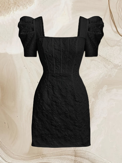 Solid Color Puff Sleeve Dress, Elegant Square Neck Dress For Spring & Summer, Women's Clothing
