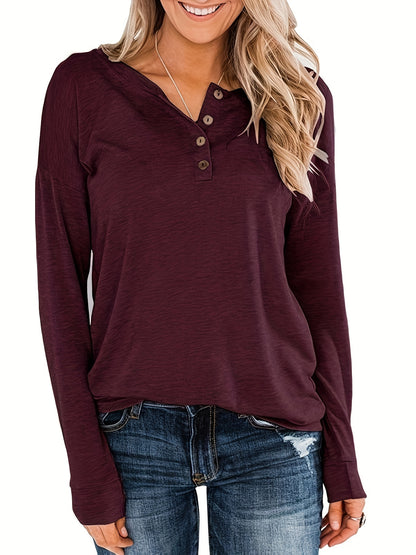 gbolsos  Solid Button Down T-shirt, Casual Long Sleeve T-shirt For Spring & Fall, Women's Clothing