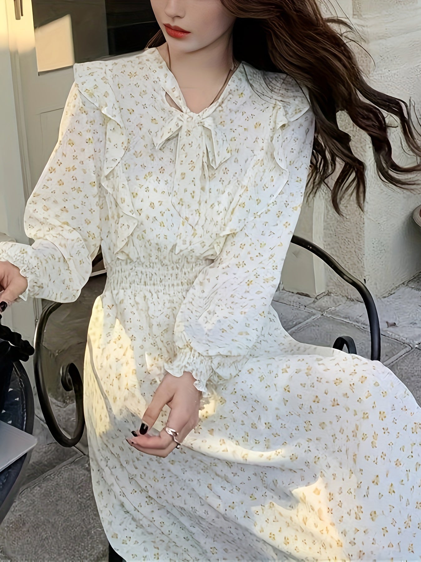gbolsos  Floral Print Slim Bow Front Dress, High Waist Long Sleeve Casual Every Day Dress, Women's Clothing