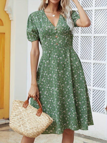 gbolsos  Floral Print Button V Neck Dress, Casual Short Sleeve Dress For Spring & Summer, Women's Clothing