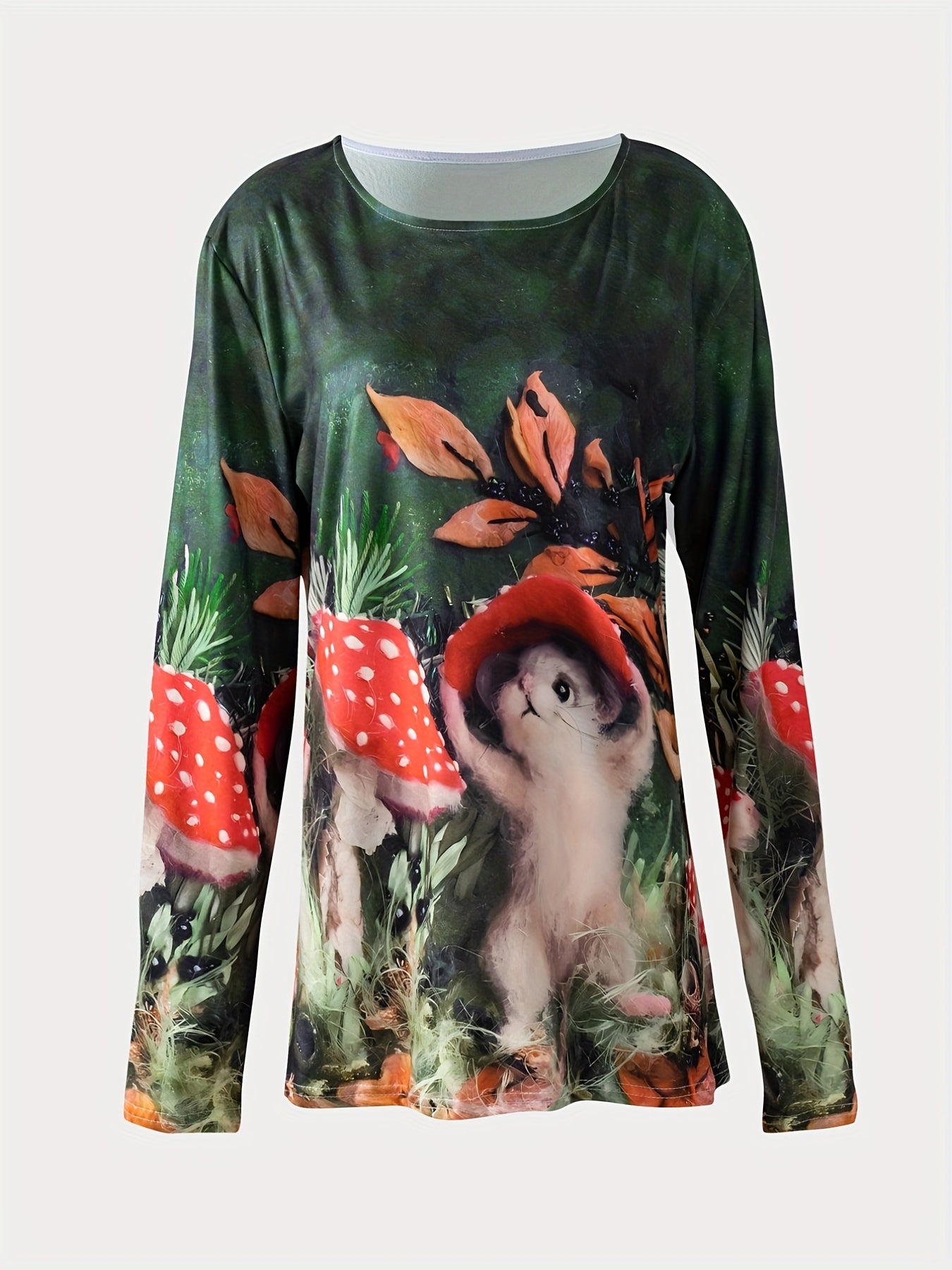 gbolsos  Mushroom & Animal Print Crew Neck T-Shirt, Casual Long Sleeve Top For Spring & Fall, Women's Clothing