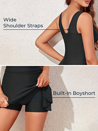 elveswallet  Ruched Tummy Control Black One Piece Swimsuit, High Stretch V Neck Comfy Wide Strap Skirted Solid Color Bathing Suit, Women's Swimwear & Clothing