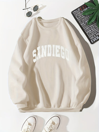 gbolsos  Sandiego Letter Print Sweatshirt, Casual Crew Neck Long Sleeve Sweatshirt, Women's Clothing
